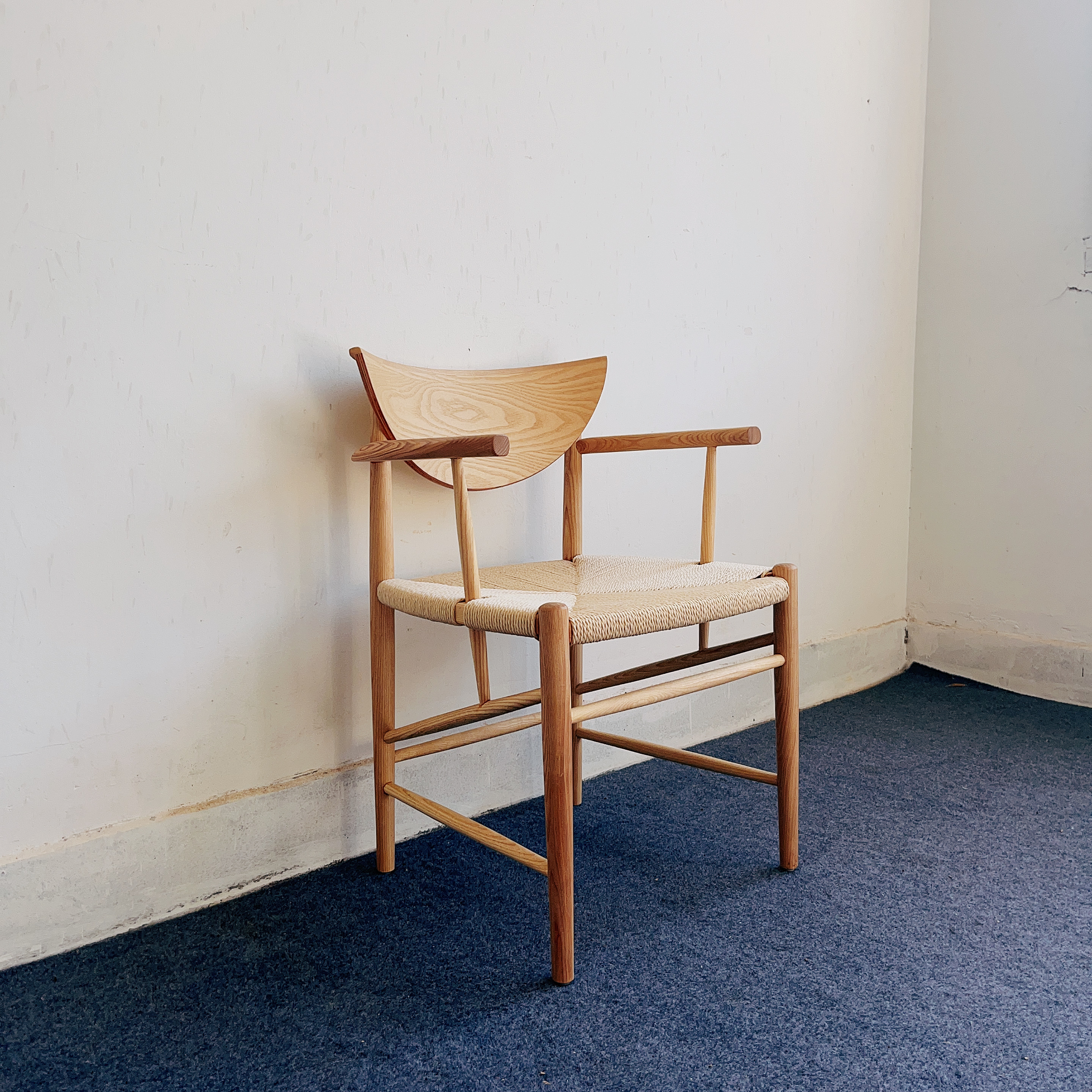 北欧丹麦实木白蜡木编制扶手餐椅主人椅书房椅设计师简约现代椅子