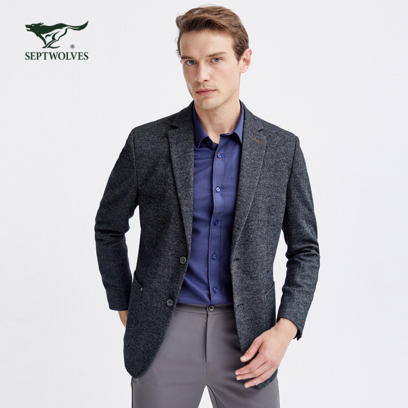 2021新品七匹狼男装针织羊毛混纺西服西装男士黑灰色秋季外套正品
