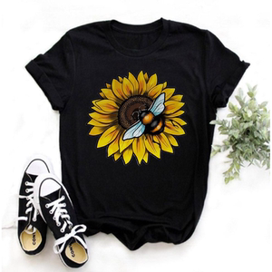 sunflower t shirt 夏季时尚太阳花向日葵花印花圆领短袖t恤黑色