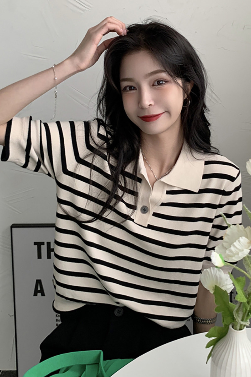 polo领夏季短袖宽松黑白条纹冰丝针织t恤衫上衣女薄款2022年新款
