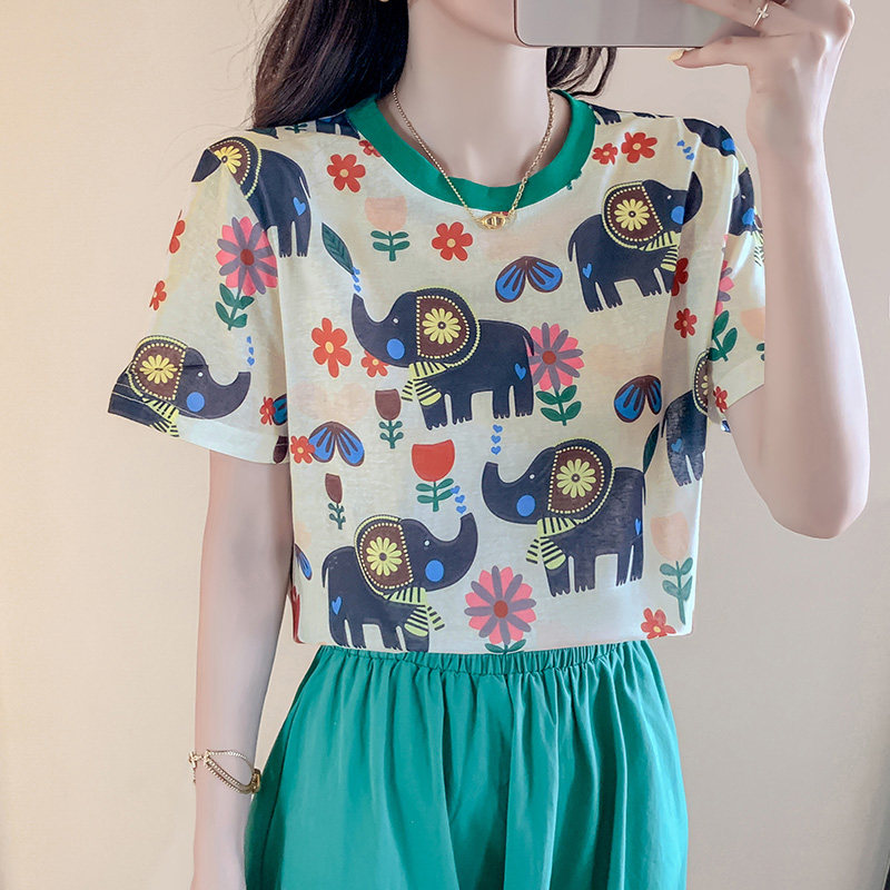 网红isn卡通大象字母印花圆领短袖上衣2021夏新款宽松T恤