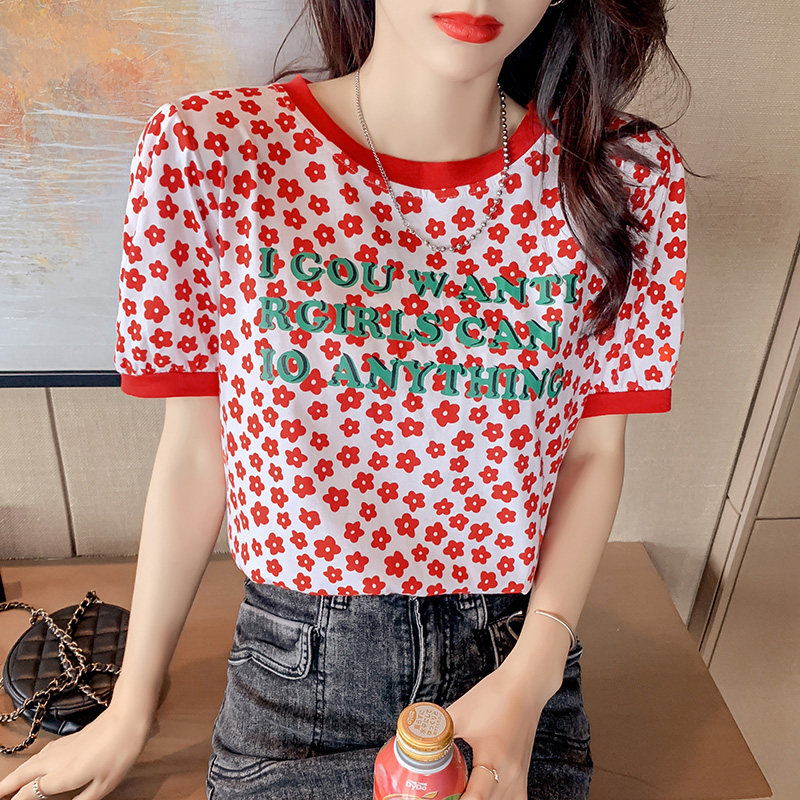 夏新款韩版宽松碎花泡泡袖圆领T恤女百搭短袖撞色印花上衣 潮
