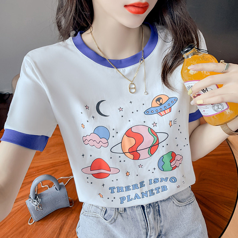 韩国东大门ins少女星空土星印花撞色短袖女生减龄t恤tee