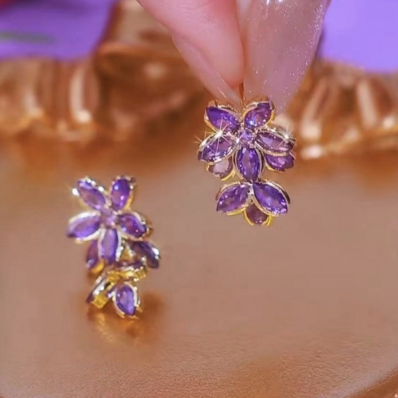 高贵紫罗兰花朵叶子气质耳环个性小众