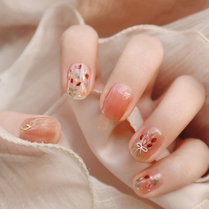 人间忽晚山河已秋手绘清透唯美郁金香花美甲成品可拆光疗穿戴甲片