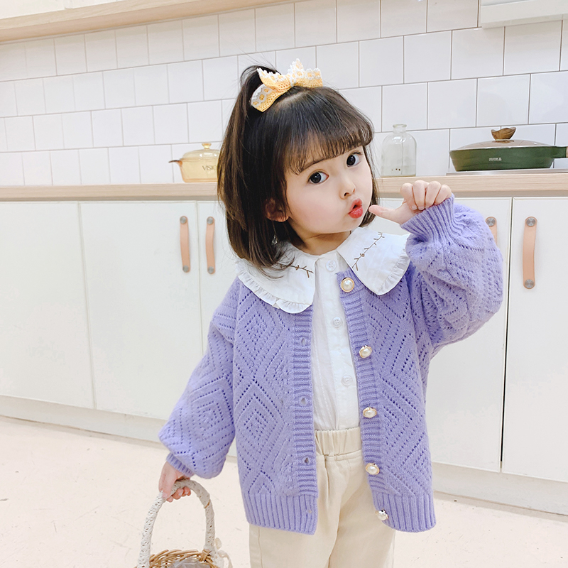 女童开衫外套2023新款镂空紫色儿童毛衣薄款针织春秋款中小童洋气