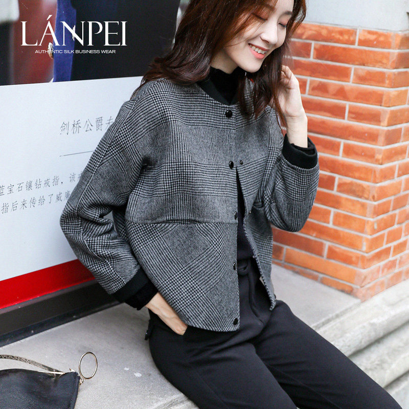 兰佩无领双面羊绒大衣女2021年新款千鸟格短款小个子格子毛呢外套