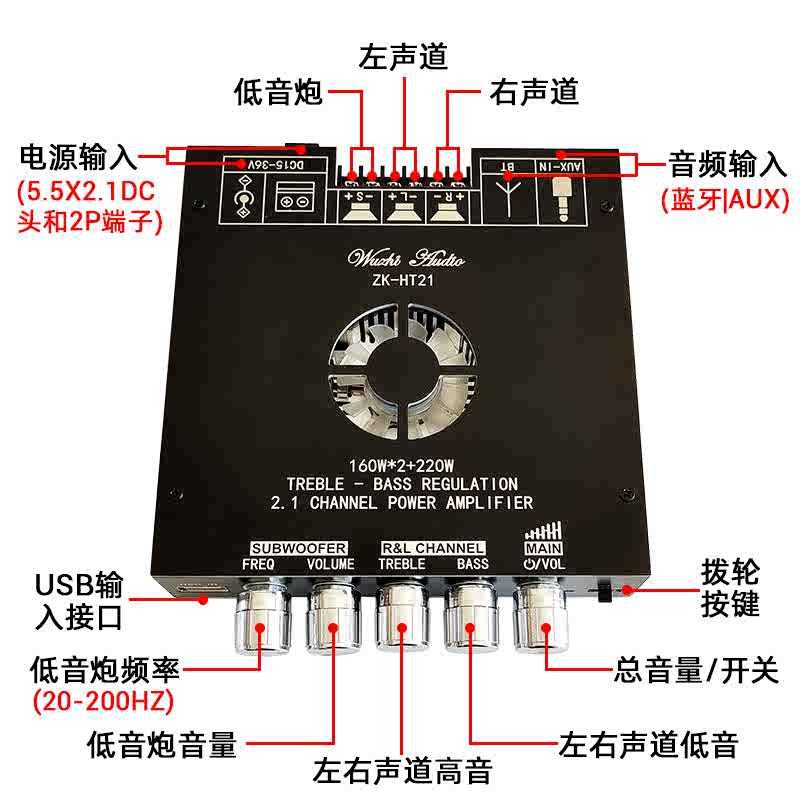 HT21升级APP款 2.1声道TDA7498E蓝牙功放模块低音炮160Wx2 220W