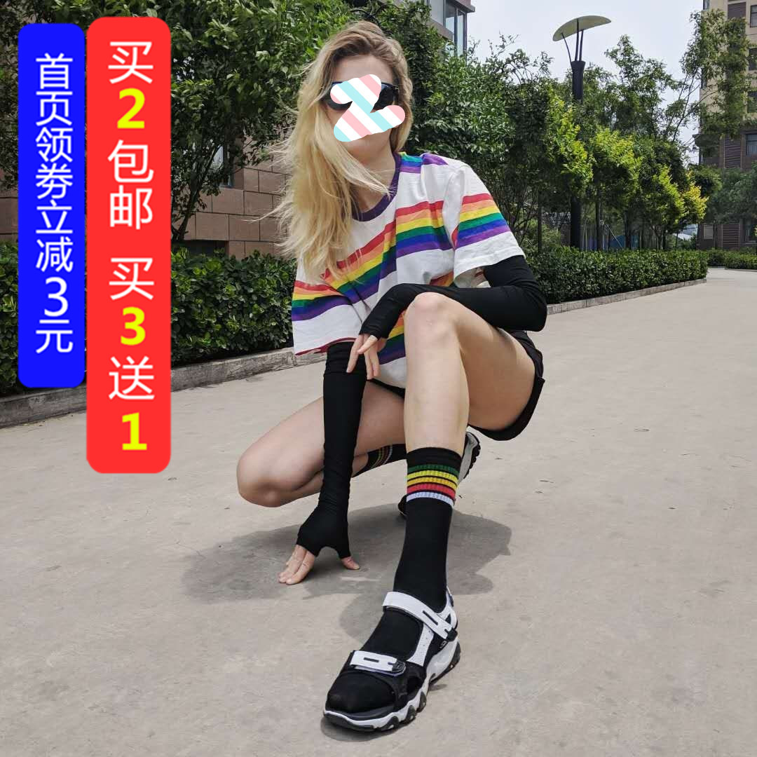 彩虹条纹袜子女潮流欧美滑板袜小腿袜日韩学院风中筒袜网红堆堆袜