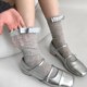 蝴蝶结袜子女芭蕾风灰色中筒袜夏季薄款竖纹网红白色miu风堆堆袜