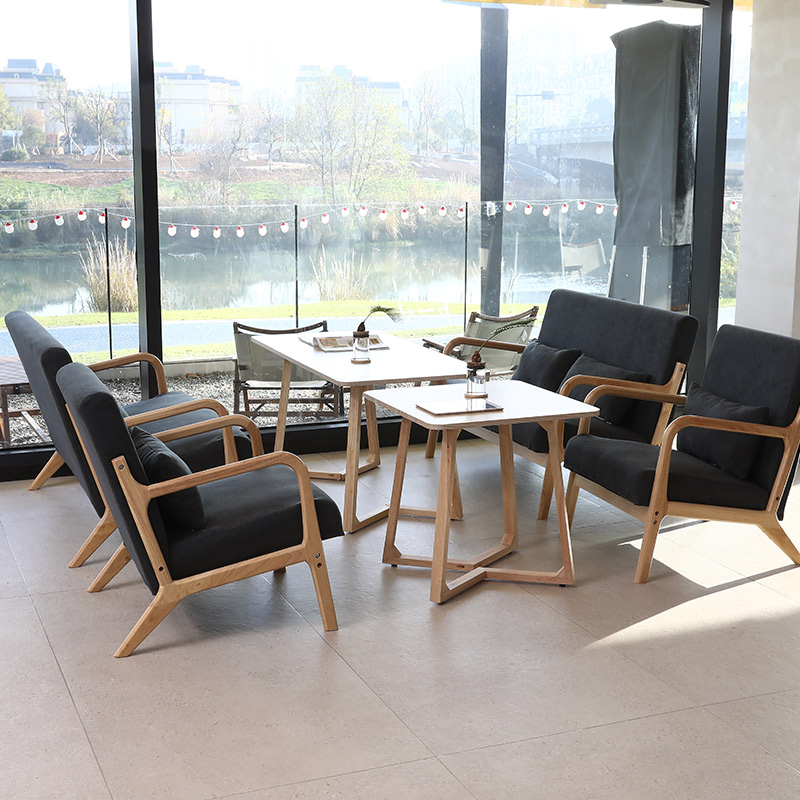 奶茶店桌椅组合咖啡厅布艺实木会客沙发小户型简易单人双三人沙发