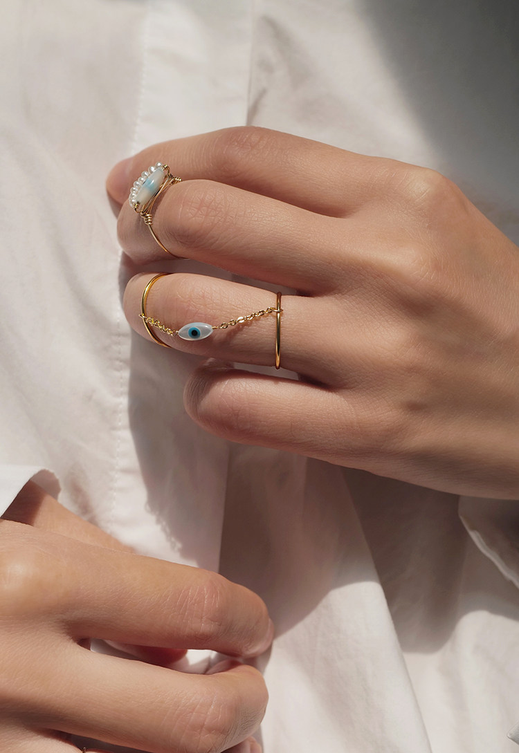 dans原创情人眼loverseye复古风包金双圈叠戴链条戒指