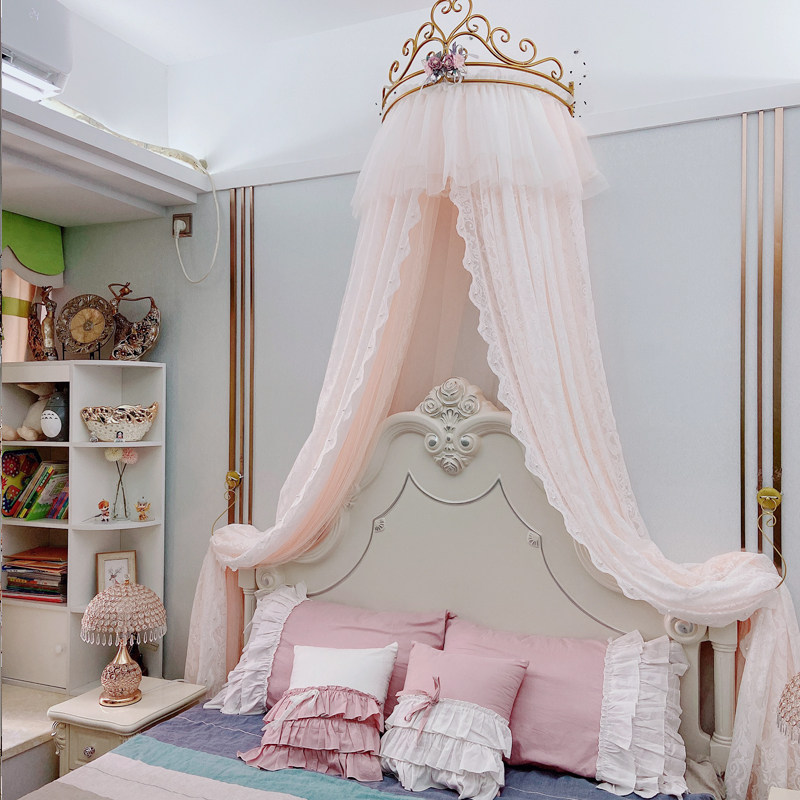 公主风床幔儿童房床帘幔纱一体式装饰帘欧式婚庆纱帐皇冠支架蚊帐