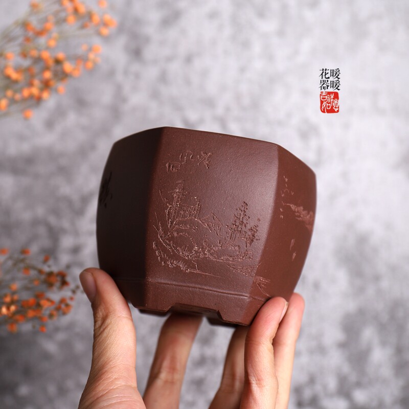 山水六方┨ 全手工紫砂小花盆 原矿紫泥 作者苏兵