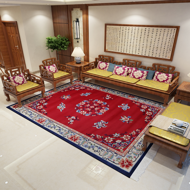 新中式客厅茶几羊毛地毯纯手工剪花古典书房毯中国风卧室床尾炕毯