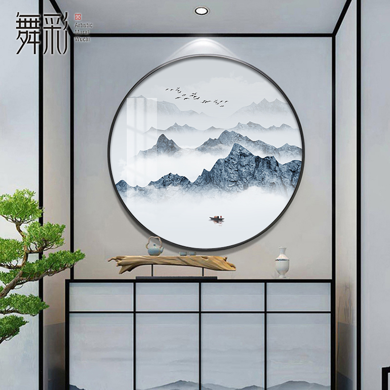 现代新中式圆形装饰画餐厅3d山水画客厅背景墙过道寓意好玄关挂画