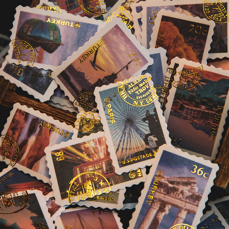 美好的一天烫金邮票贴纸 世界风景城市建筑DIY手账日记装饰贴画