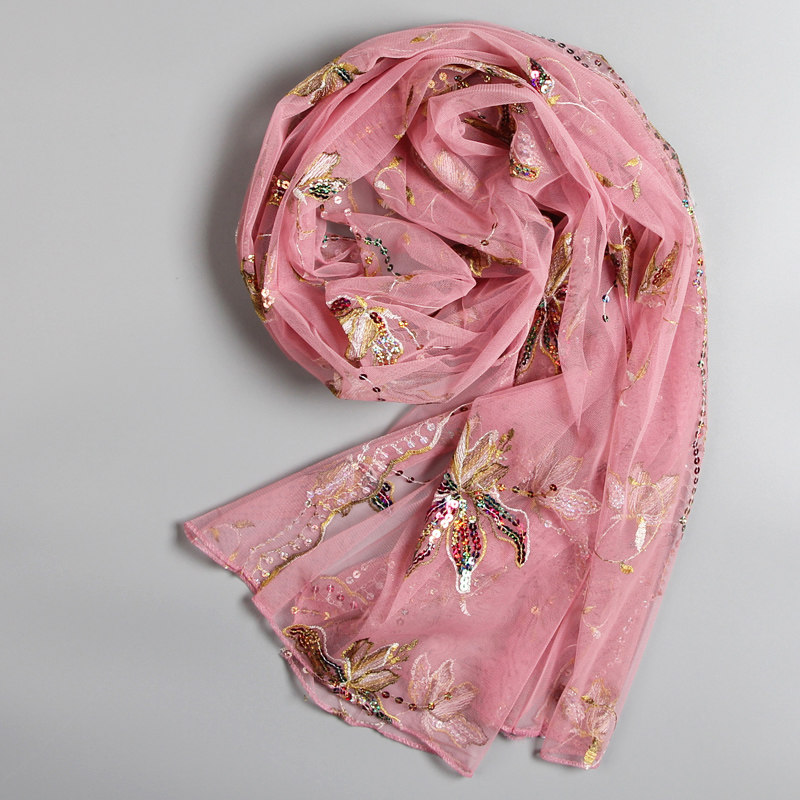 网纱亮片绣花丝巾纱巾围巾秋冬季薄款长款妈妈中年跳舞粉色民族风