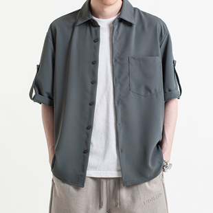 写意 夏季新款日系复古中袖纯色短袖男衬衣宽松休闲冰凉垂感衬衫