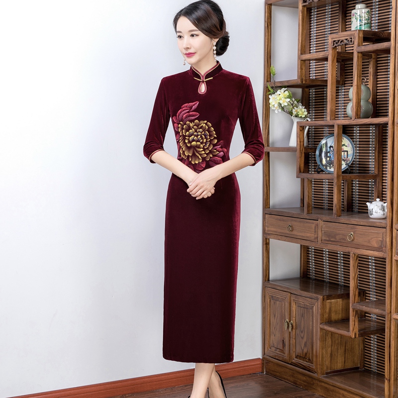 喜婆婆婚宴装旗袍晚礼服高贵婚礼秋冬装妈妈装中长款金丝绒连衣裙