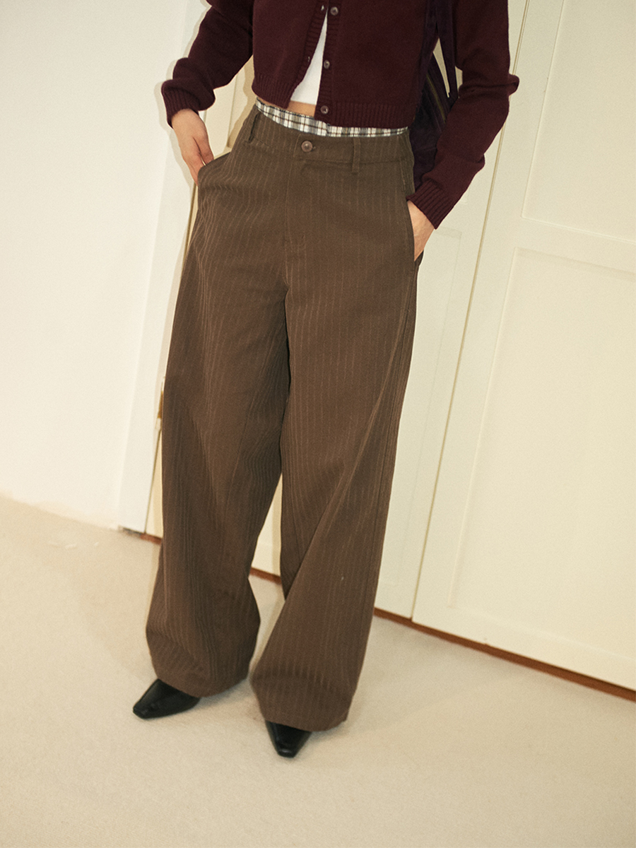 NKGC 复古日系条纹设计感工装长裤美拉德热巧棕宽松休闲裤中性