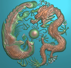 精雕图圆形龙凤挂牌玉雕图浮雕图灰度图龙凤戏珠电脑雕刻图 f4007