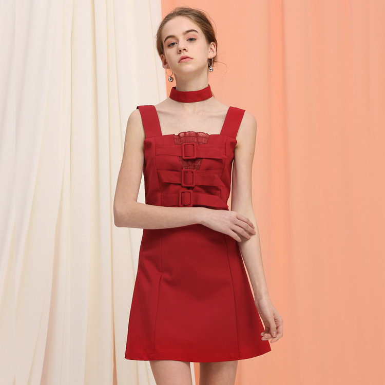 宽肩带吊带连衣裙短裙女春夏收腰显瘦无袖背带裙港味复古chic裙子