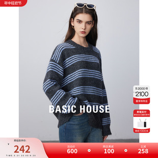 Basic House/百家好慵懒风条纹针织衫女宽松显瘦套头毛衣羊毛衫