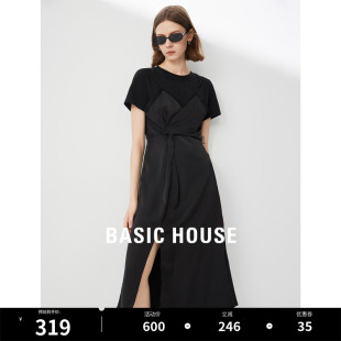 Basic House/百家好缎面假两件连衣裙女2024夏季新款开叉小黑裙