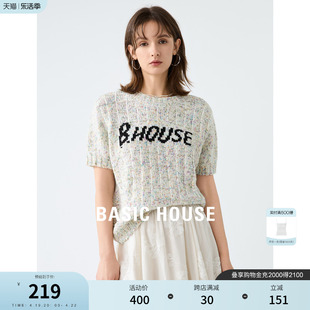 Basic House/百家好针织短袖T恤女2024春季新款撞色提花羊毛衫