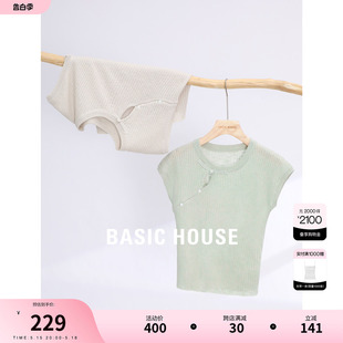 Basic House/百家好新中式盘扣女上衣2024夏季新款斜襟针织小衫