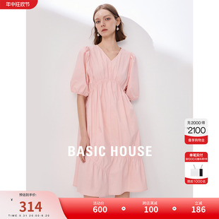 Basic House/百家好V领泡泡袖连衣裙2024夏季新款小众宽松长裙女