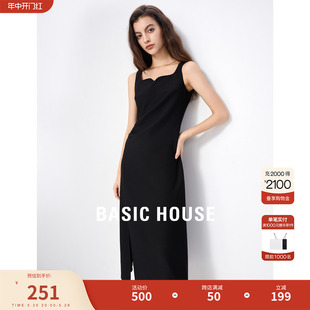 Basic House/百家好纯欲风吊带连衣裙2024夏季新款开叉女包臀裙