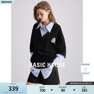 Basic House/百家好假两件卫衣女2024春季新款减龄学院风宽松上衣