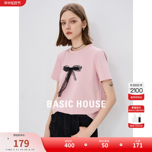 Basic House/百家好设计感蝴蝶结T恤2024夏季新款百搭显瘦上衣女