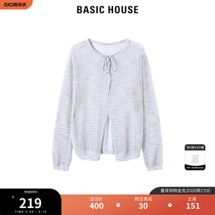 Basic House/百家好镂空长袖针织小衫2024夏季新款v领系带女上衣