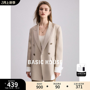 Basic House/百家好双排扣西装外套女2024春季新款撞色廓形上衣