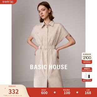 Basic House/百家好无袖收腰工装裙子2024夏季新款衬衫领连衣裙女