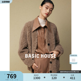 BasicHouse/百家好2023秋冬V领灰色羊毛上衣女加厚颗粒羊毛羔外套