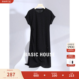 Basic House/百家好复古T恤式连衣裙2024夏季新款烫钻显瘦女长裙
