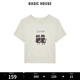 Basic House/百家好卡通猫咪印花短袖T恤2024夏季新款简约女上衣