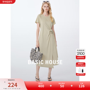 Basic House/百家好系带绿色连衣裙女夏季新款设计感T恤裙子