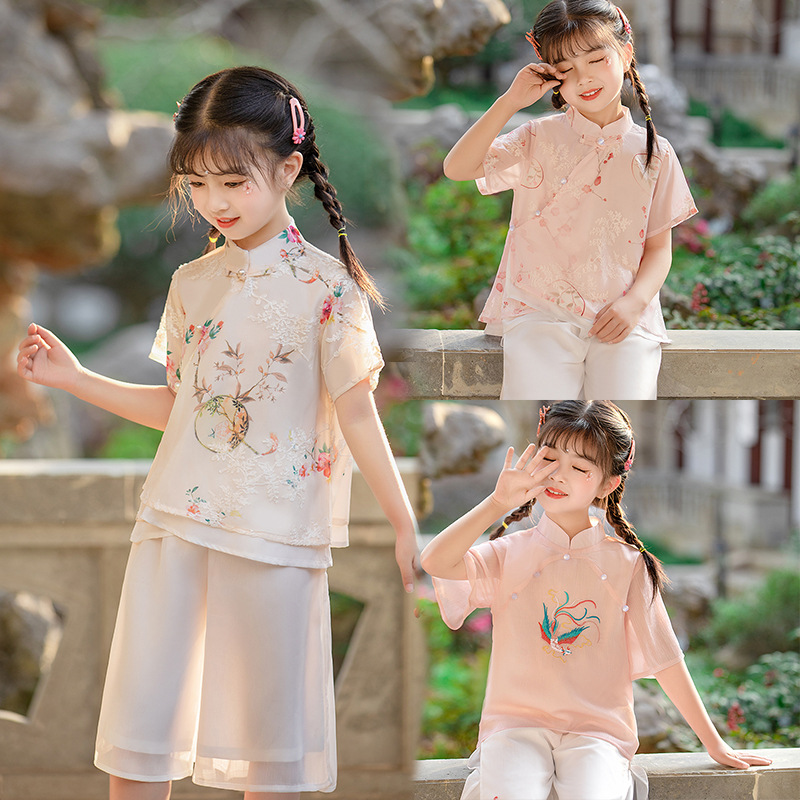 洋气女童汉服套装儿童复古中国风国学服旗袍上衣+裙裤两件套 夏季
