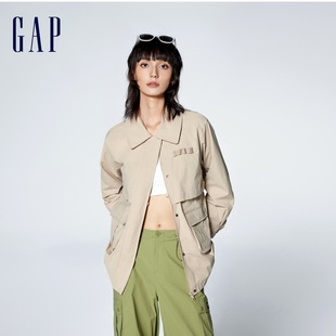 Gap女装春季2024新款洋气翻领宽松长款外套时尚衬衫领大衣874469