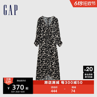 Gap女装春季法式气质印花V领长袖连衣裙时尚复古泡泡袖洋装792429