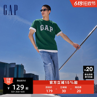 Gap男女装2024夏季新款棉质拼接logo圆领短袖T恤宽松上衣460841
