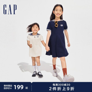 Gap女童2024春夏新款柔软透气水手领短袖连衣裙儿童装长裙890492