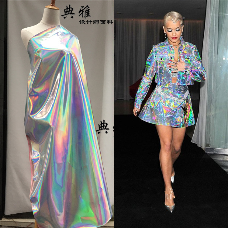设计师面料tpu镭射幻彩皮革镜面七彩 反光服装化妆包包袋防水布料
