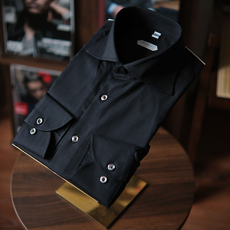 Leo男士长袖衬衫定制那不勒斯黑色大温莎领商务休闲修身四季衬衣