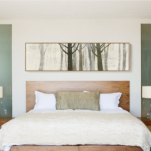 原木日式床头挂画北欧现代简约抽象森林风景卧室墙面装饰画横长条